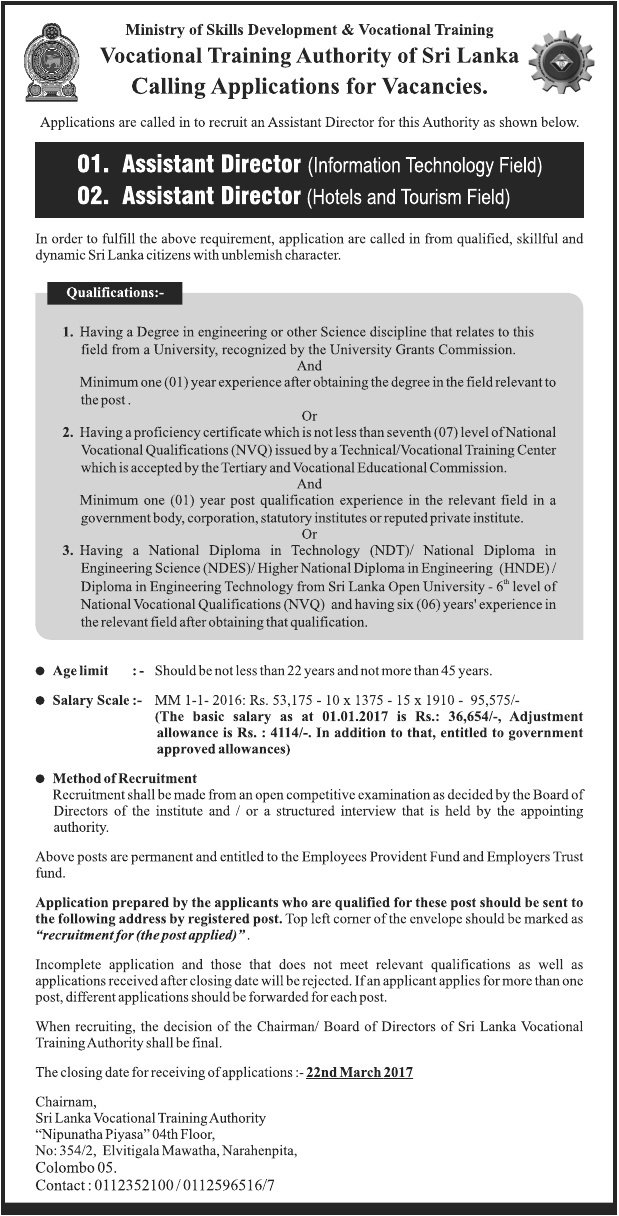 Assistant Director (Informational Technology Field / Hotel & Tourism Field) - Vocational Training Authority of Sri Lanka  